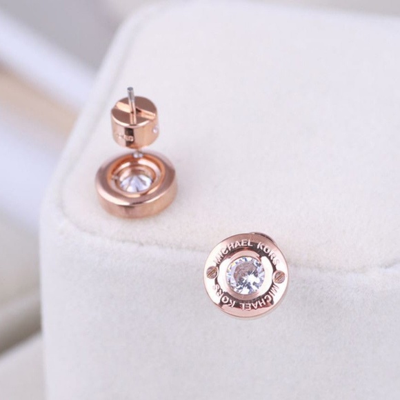 Michael Kors Rose Gold Crystal Logo Stud Earrings - Picture 5 of 12